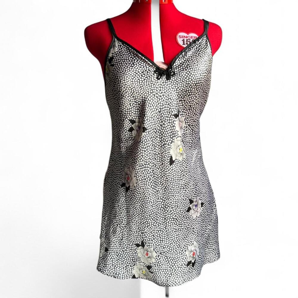 Vintage Val Mode Polka Dot Satin Slip Dress Nightgown With Floral Pattern Medium
